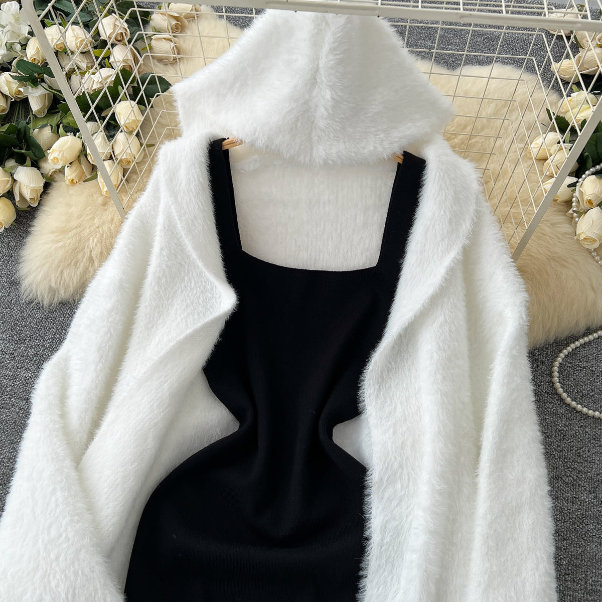 Black Vest Dress&White Cardigan 2Pcs