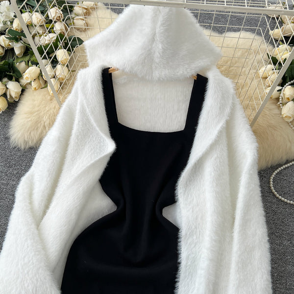 Black Vest Dress&White Cardigan 2Pcs