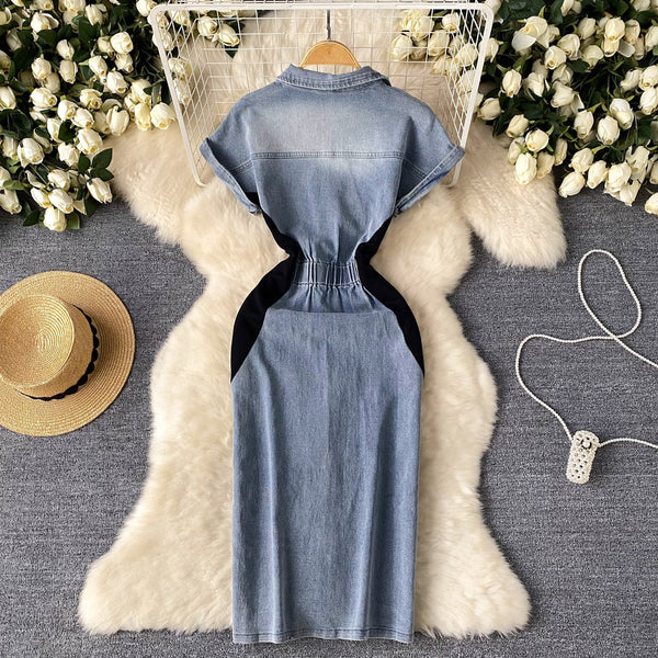 Ethnic Embroidered Lapeled Denim Dress