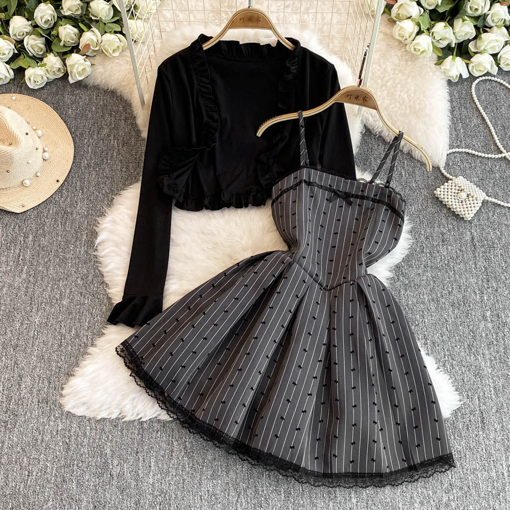 Suede Shawl&Pleated Slip Dress 2Pcs