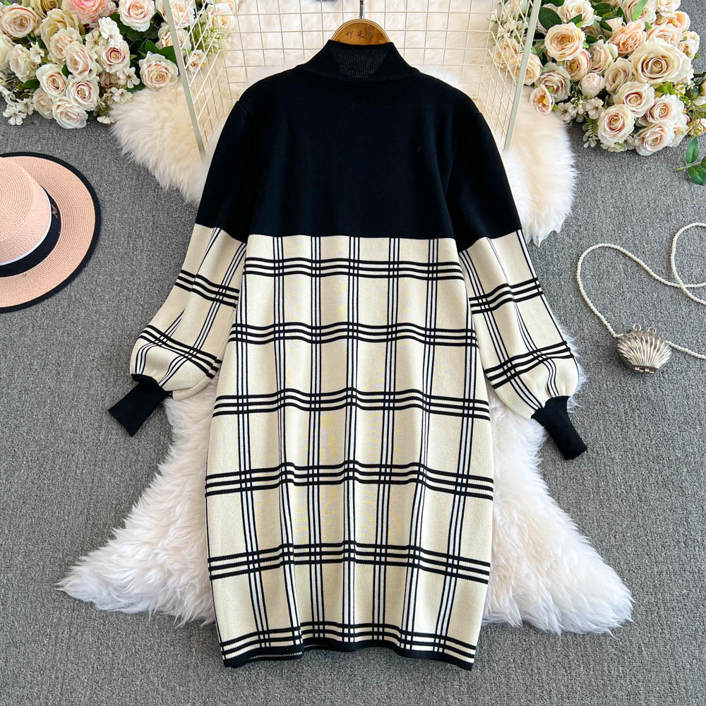 Plaid Knitted Patchwork Drawstring Dress