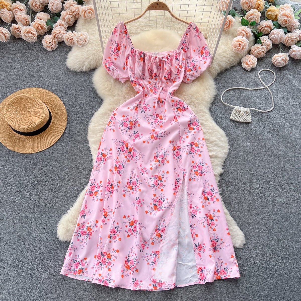 Ruffled Neckline Floral Split Dress