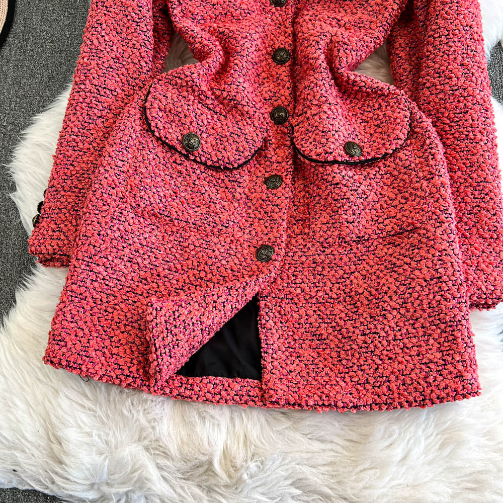 Kare Yaka Pembe Tweed Örme Elbise