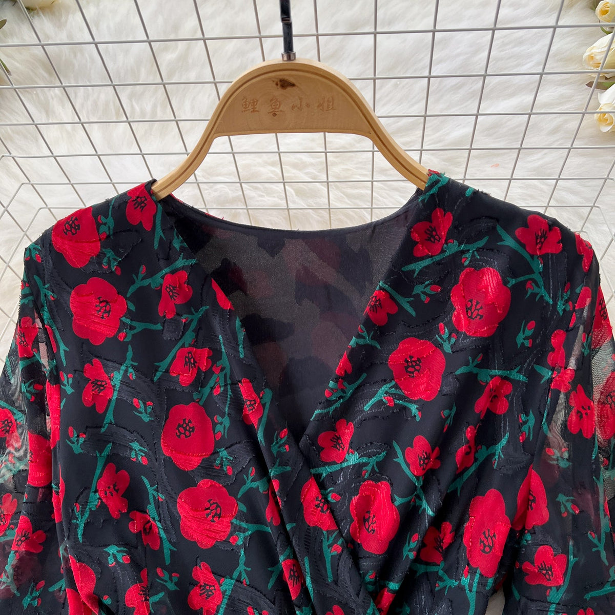 V-neck Floral Patchwork Black Dress