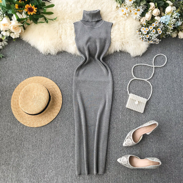 Elegant Solid Color Bodycon Knitted Dress