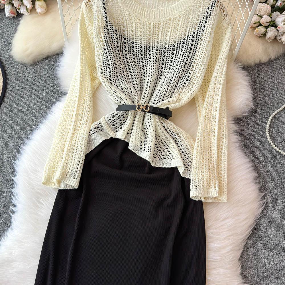 Hollowed Knitwear&Slip Dress 2Pcs