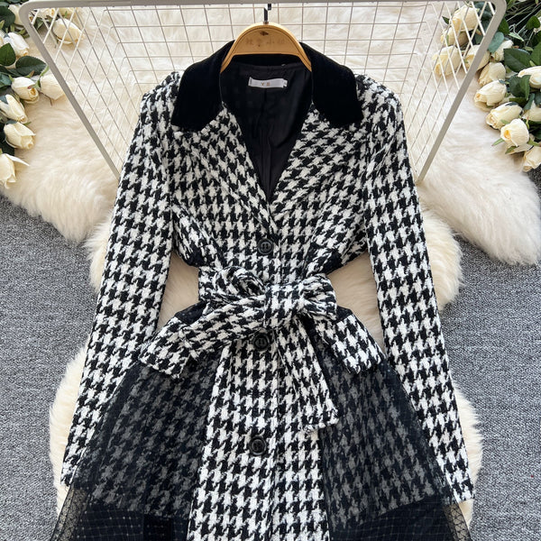 Vintage Houndstooth Mesh Patchwork Dress