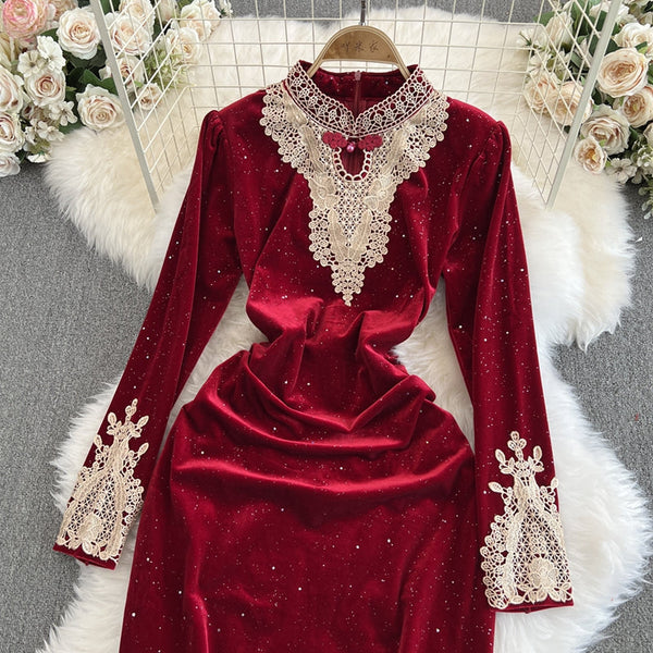 Lace Embroidered Velvet Cheongsam