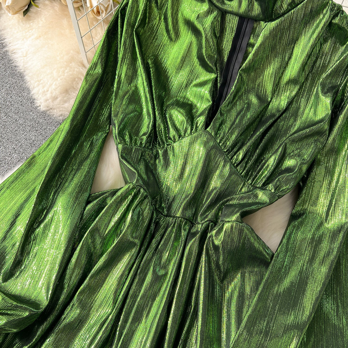Deep V-neck Glossy Satin Dress