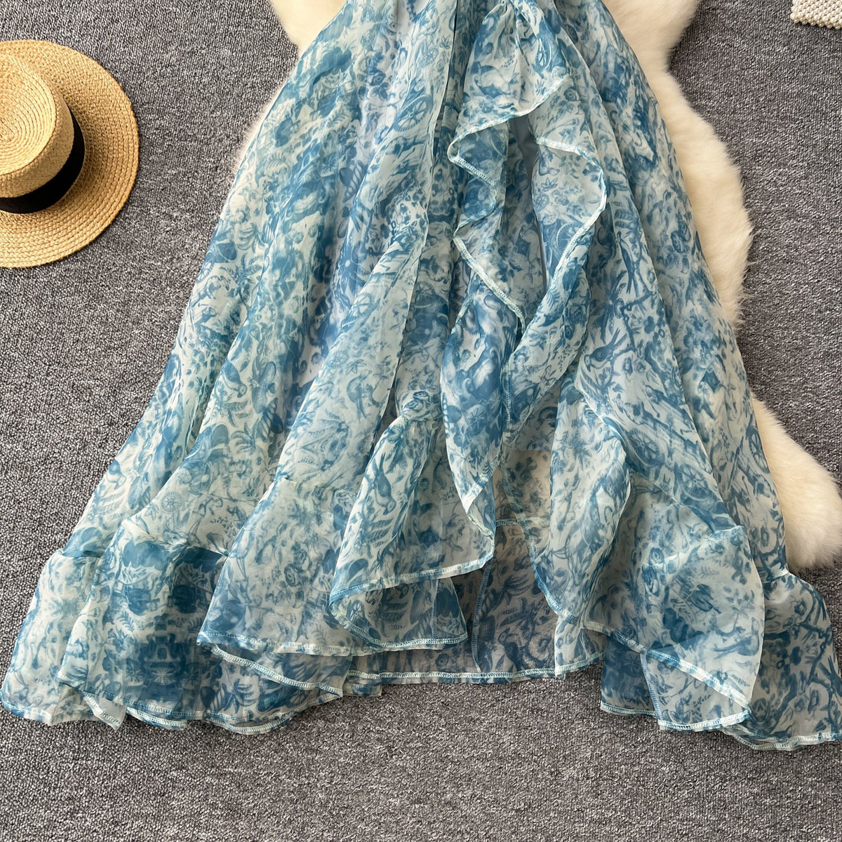 Puffy Sleeve Printed Organza Dress