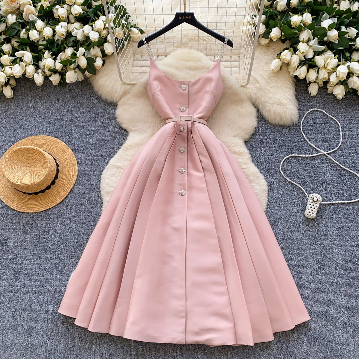 High-end Pleated Slip Dress with Belt