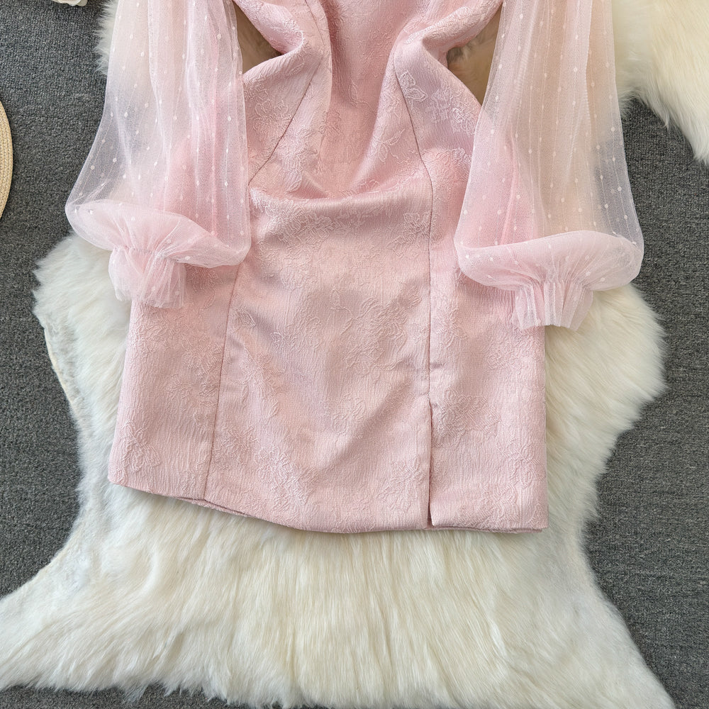 Beaded Pink Mesh Patchwork Cheongsam