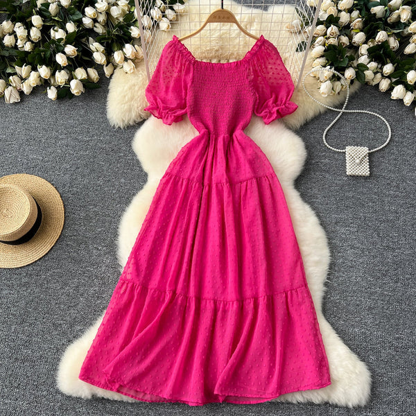 Solid Color Puffy Sleeve Ruffled Dress
