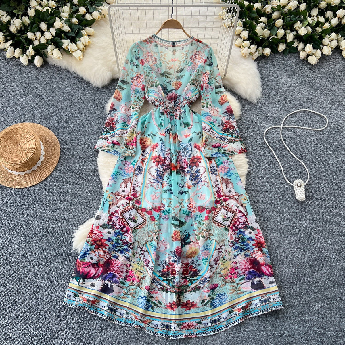 Courtly Floral Printed V-neck Dress
