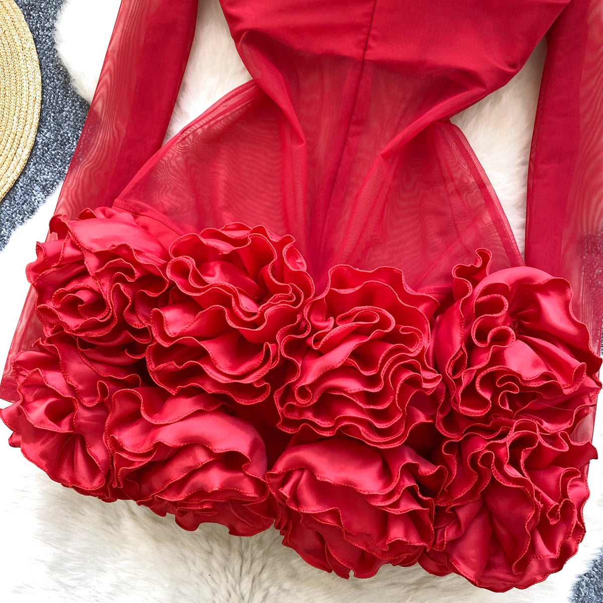 See-through Mesh 3D Ruffled Dress