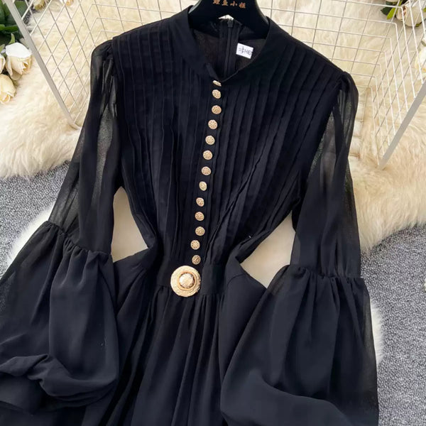 Elegant Metal Button Black Chiffon Dress
