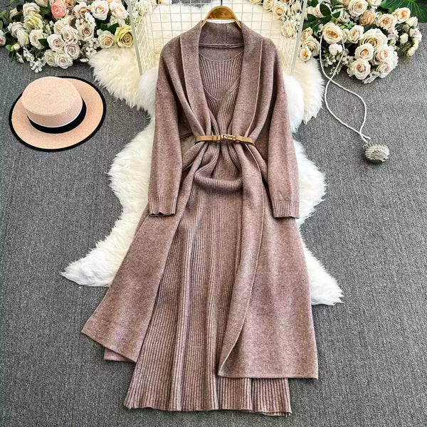 Openwork Cardigan&Vest Dress 2Pcs