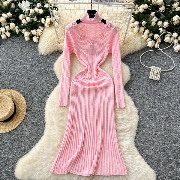 3d Flower Knitted Dress with Choker