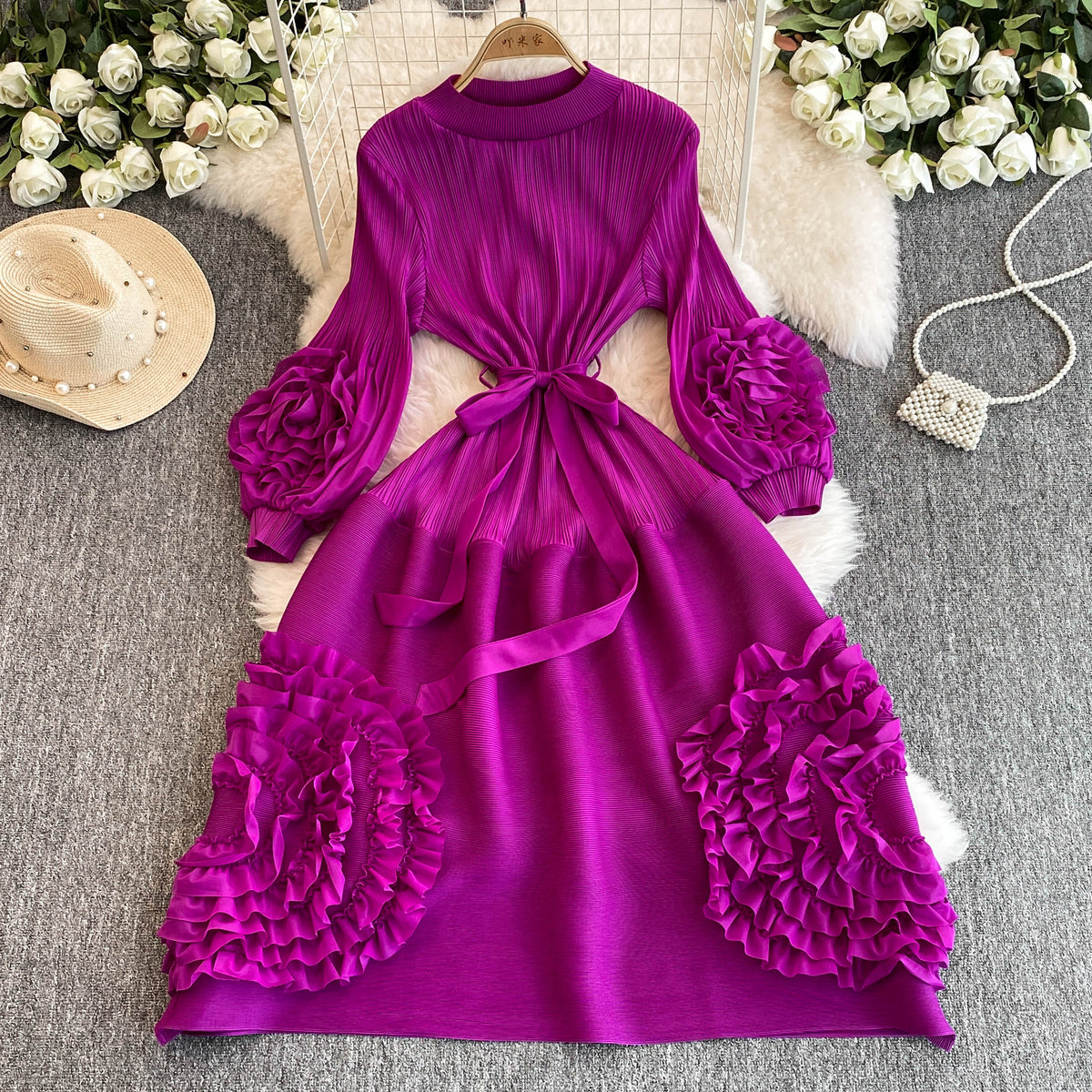 High-end 3d Ruffled Lace-up Dress