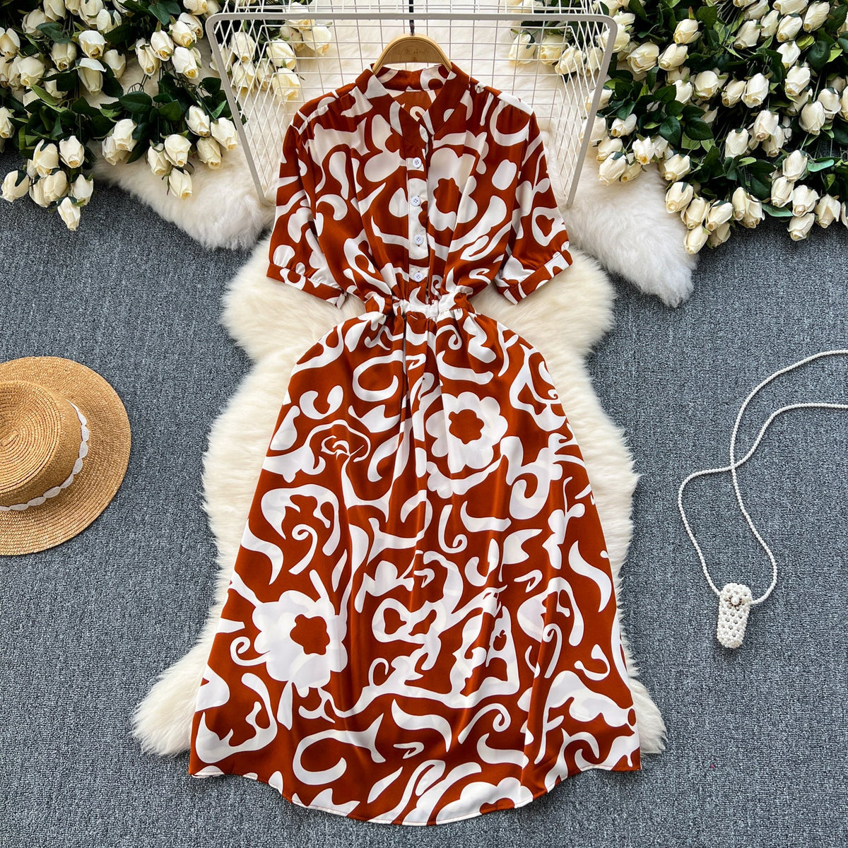 Geometric Printed Single-breasted Shirt Dress