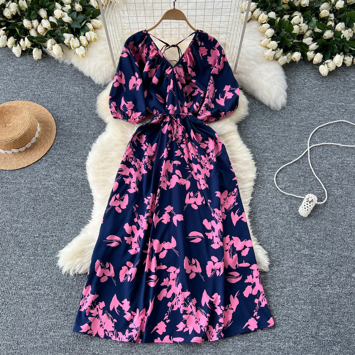 V-neck Pattern Printed Vintage Dress