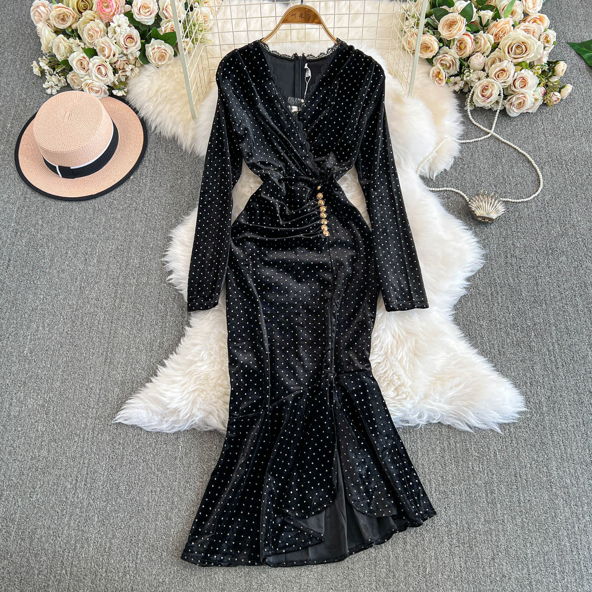 V-neck Beaded Fishtail Suede Dress