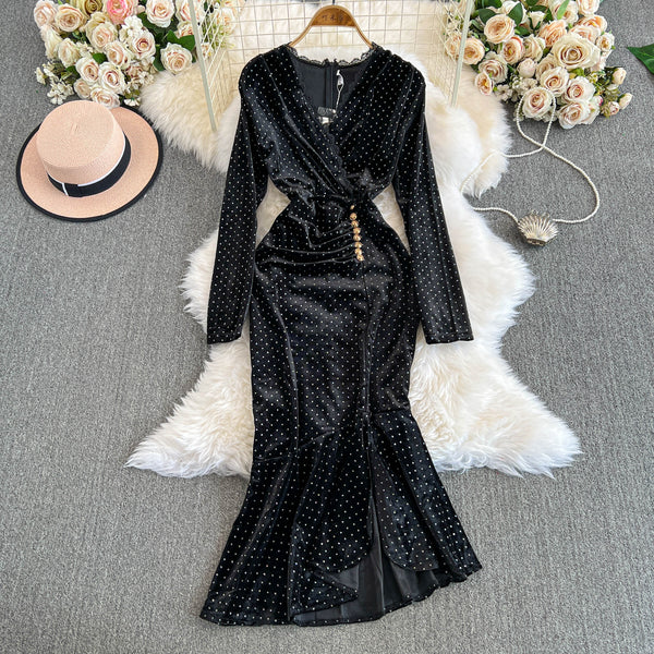 V-neck Beaded Fishtail Suede Dress