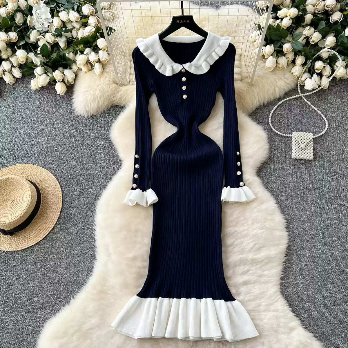 Doll Collar Ruffled Fishtail Knitted Dress