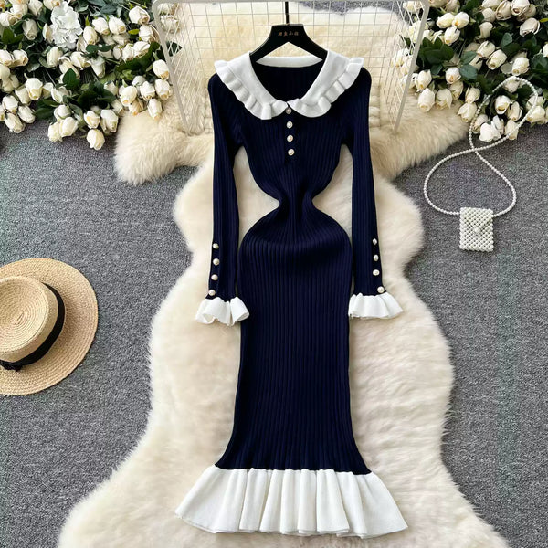 Doll Collar Ruffled Fishtail Knitted Dress