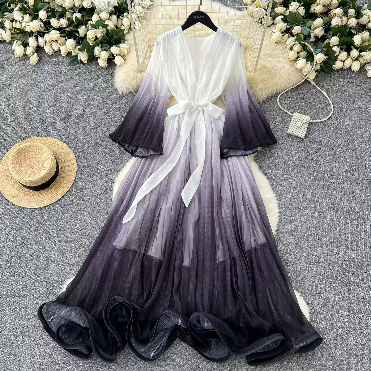 Gradient Color V-neck Fairy Dress