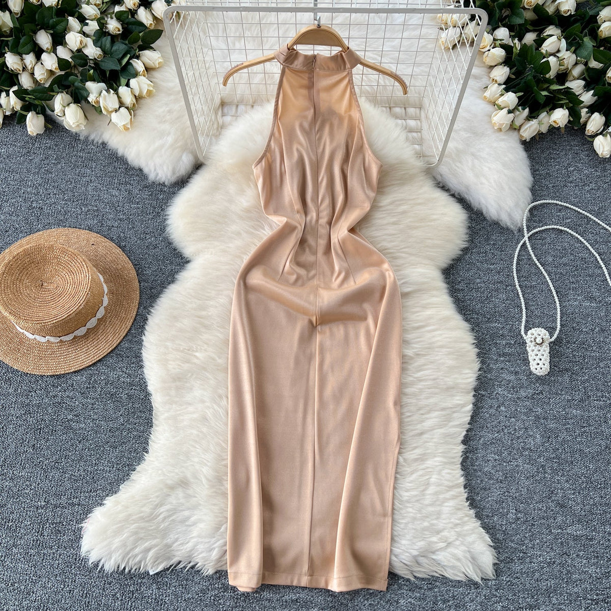 Hollowed Slim Satin Halter Dress