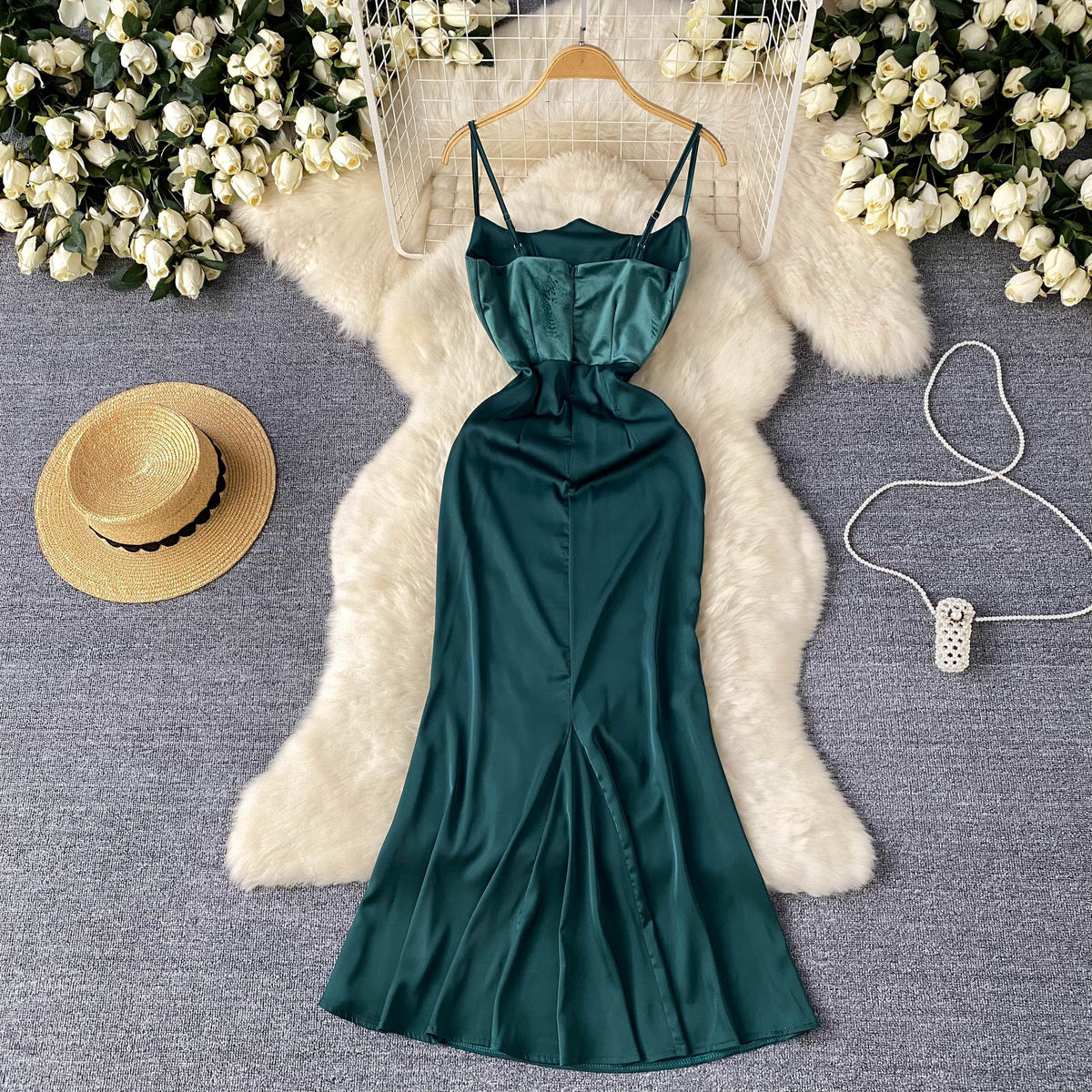 Slim-fit Fishbone Satin Slip Dress