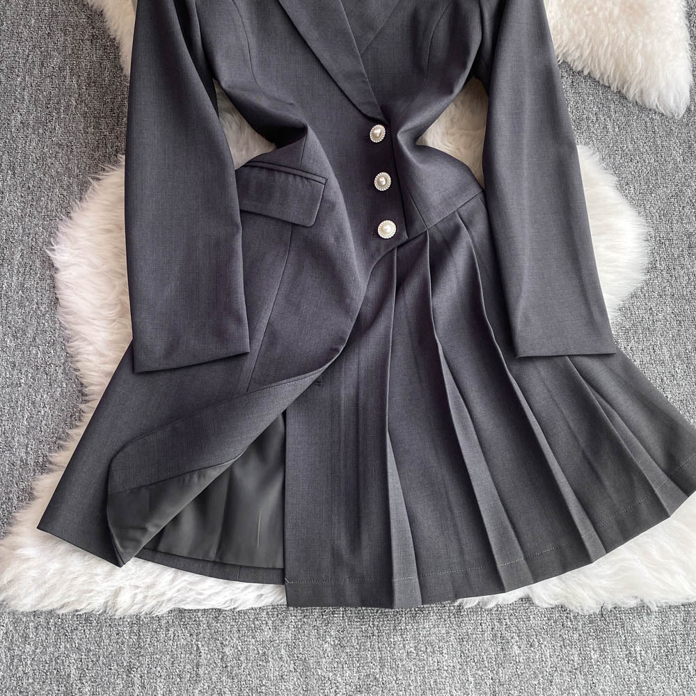 OL Outfit Pleated Black Suit Dress