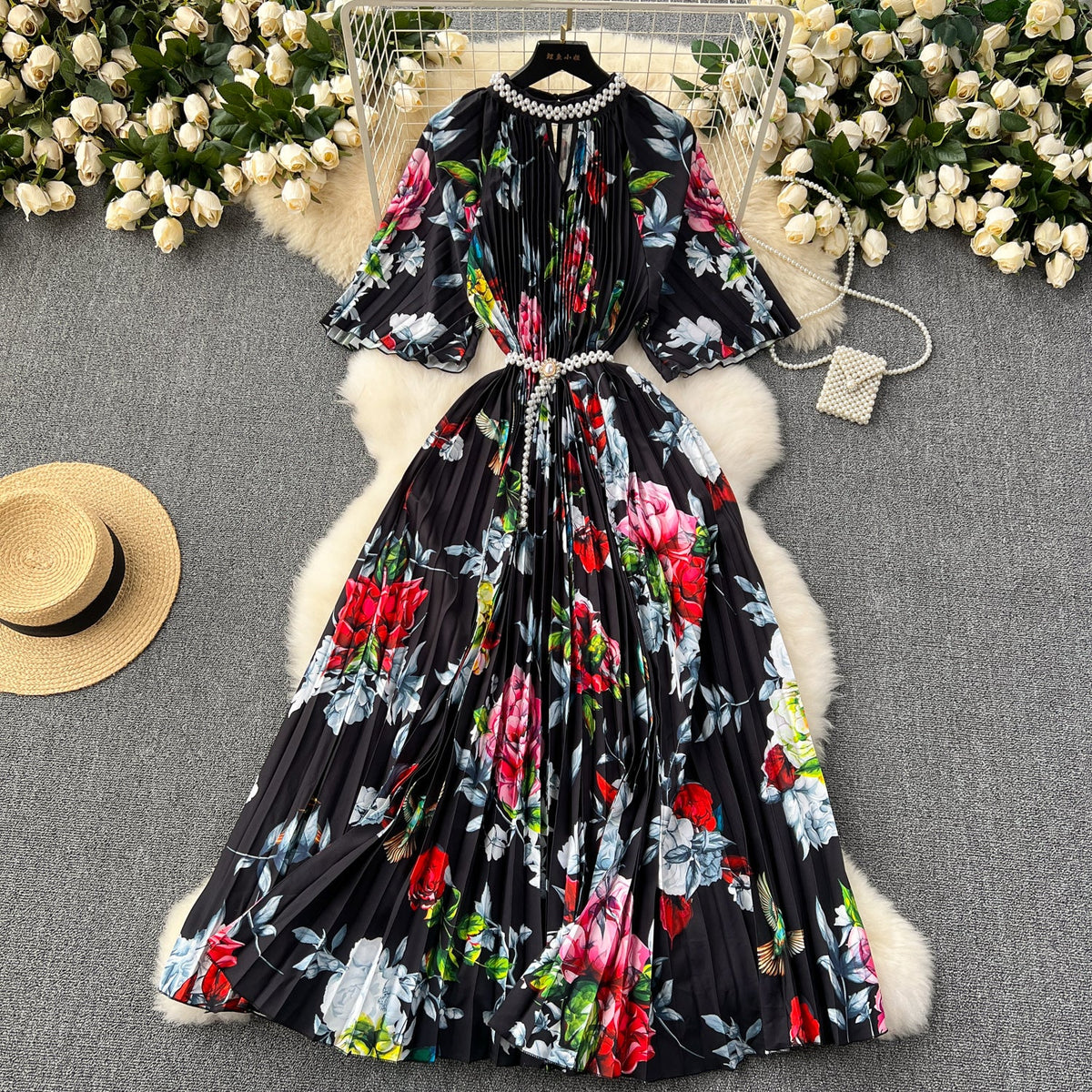 Beaded Crew Neck Printed Dress