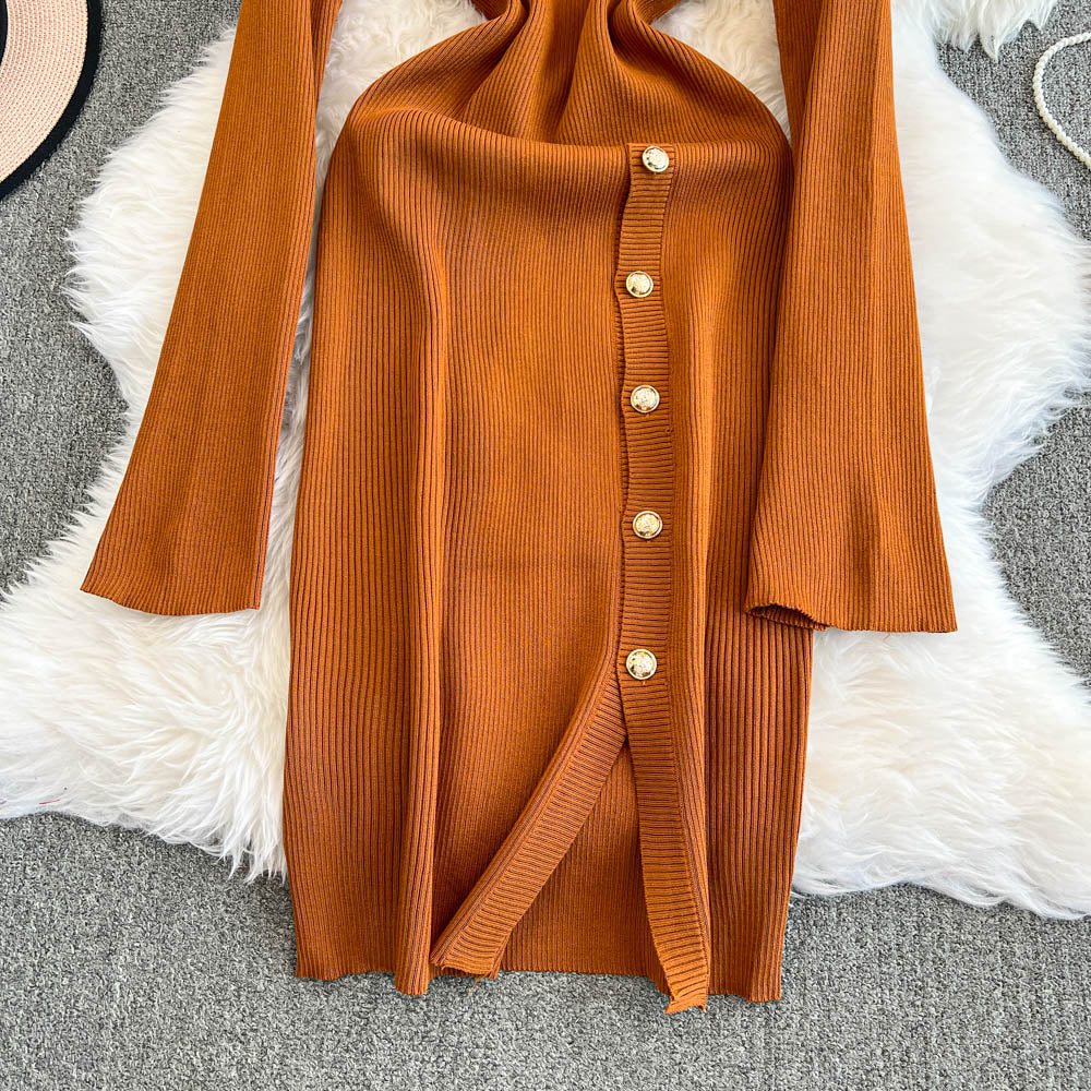 Round Collar Split Stretchy Knitted Dress
