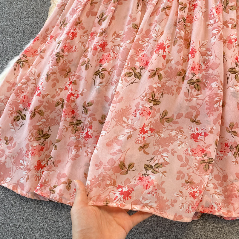 Elegant Round Collar Floral Chiffon Dress