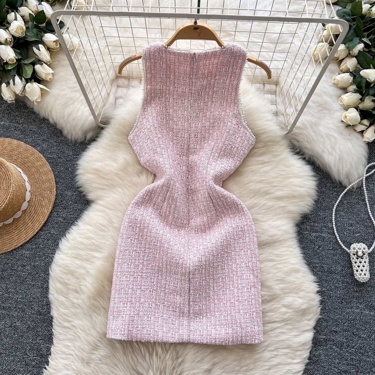 Sweetie Round Collar Pink Tweed Dress
