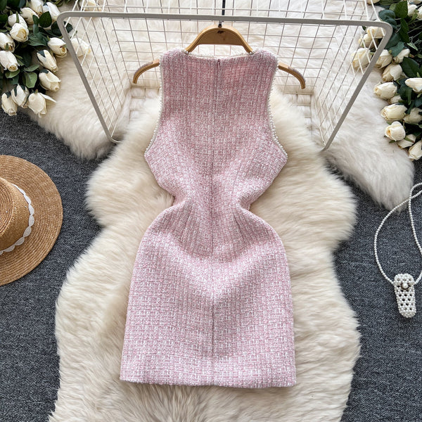 Sweetie Round Collar Pink Tweed Dress