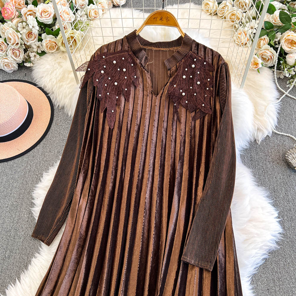 Beaded Shoulder Pleated Coffee Dress