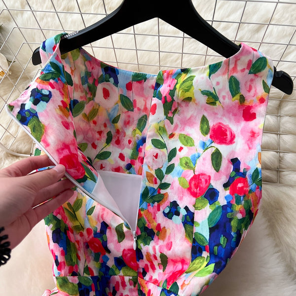 Colorful Floral Puffy Vest Dress
