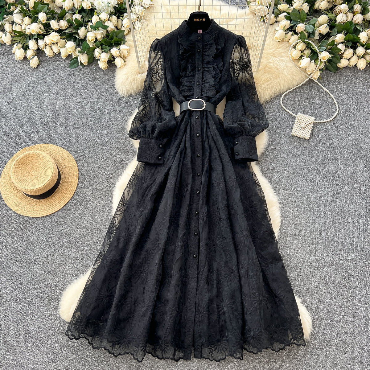 Vintage Ruffled Embroidery Shirt Dress