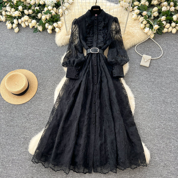 Vintage Ruffled Embroidery Shirt Dress