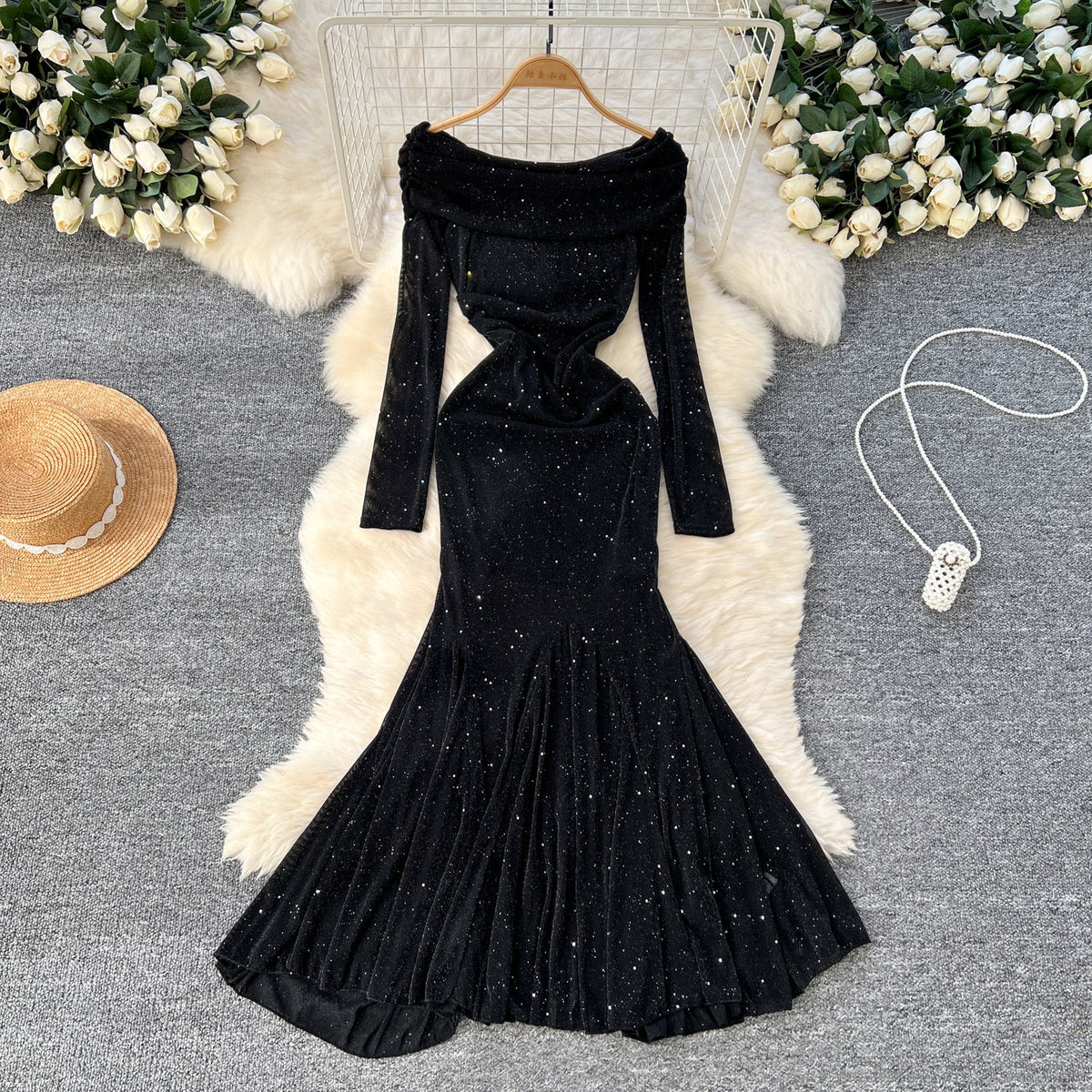 Off-shoulder Sequined Black Dress