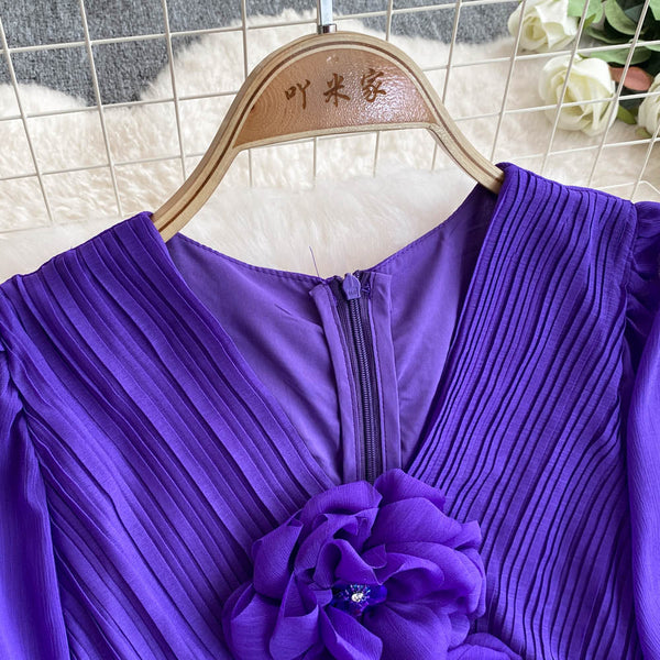 V-neck 3d Floral Chiffon Dress