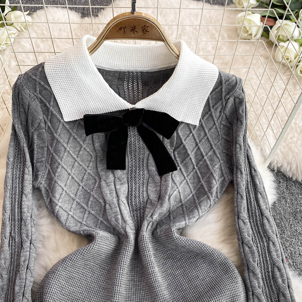 Lapeled Color-blocking Knitted Dress