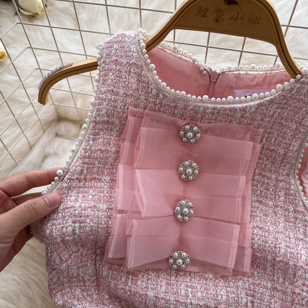 Sweetie Round Collar Pink Tweed Dress