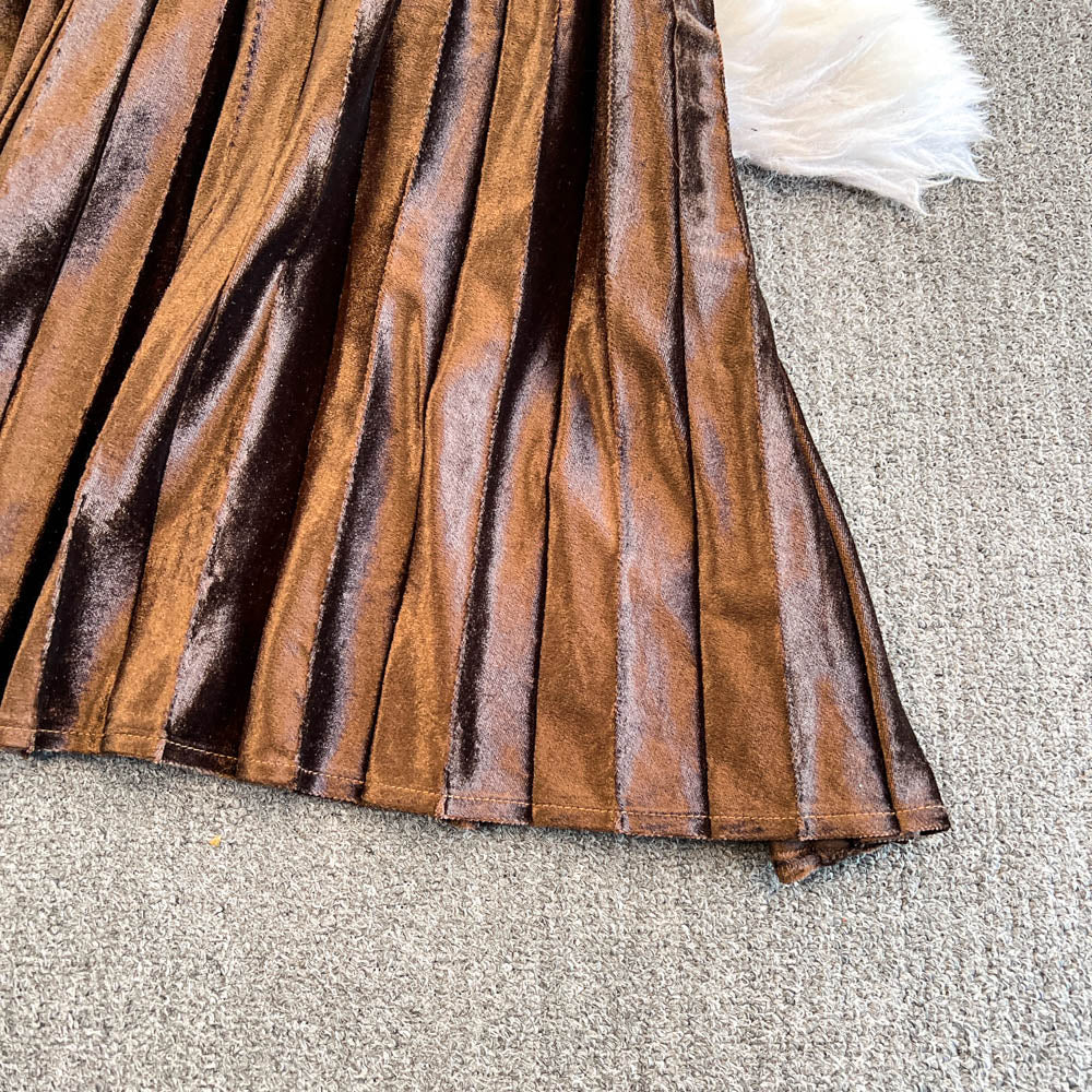 Beaded Shoulder Pleated Coffee Dress