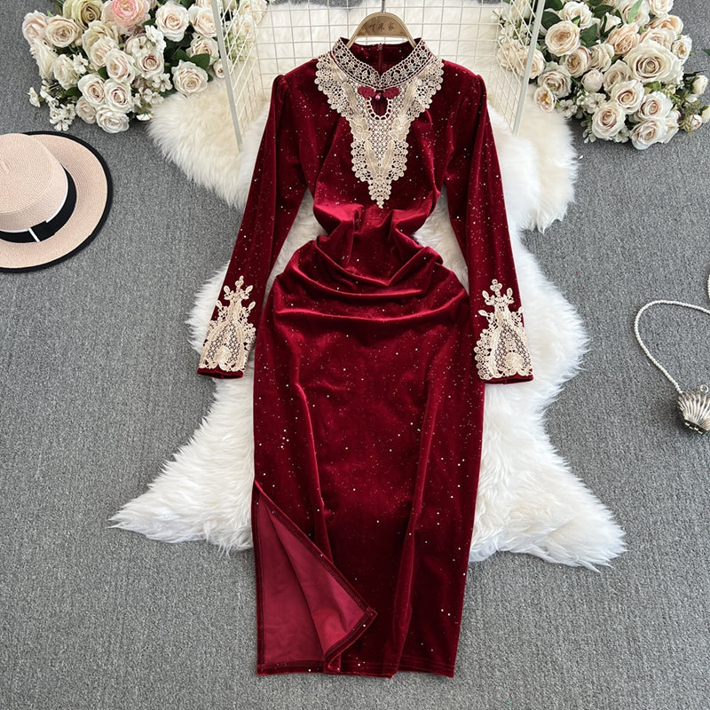 Lace Embroidered Velvet Cheongsam