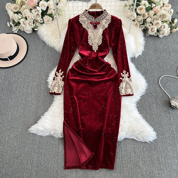 Lace Embroidered Velvet Cheongsam
