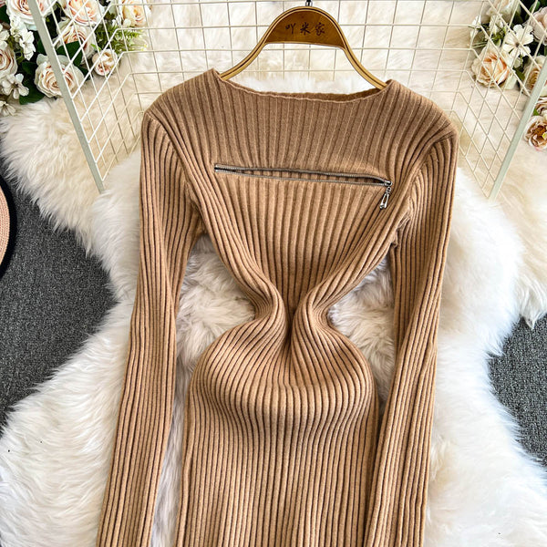 Niche Zipped Hip-wrapping Knit Dress